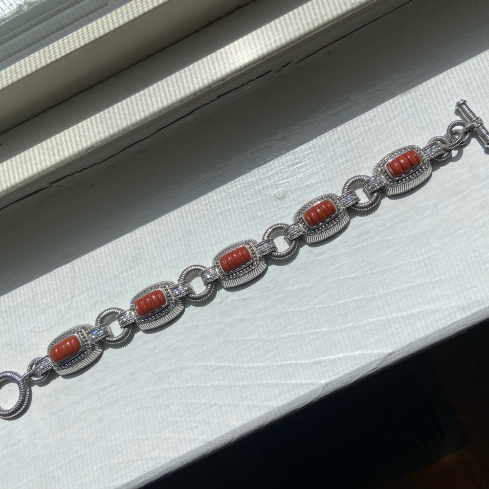 Judith Ripka 925 Sterling Silver Coral & CZ Station Link Toggle Bracelet